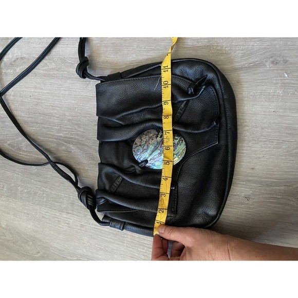 Vintage 80s Artisan Handmade Black Leather Purse With Mother Of Pearl Accent - Picture 11 of 14